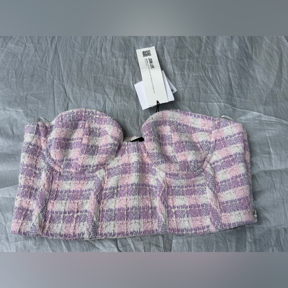 Zara woman’s pink/purple texture plaid corset tweed tube crop top - Picture 1 of 12
